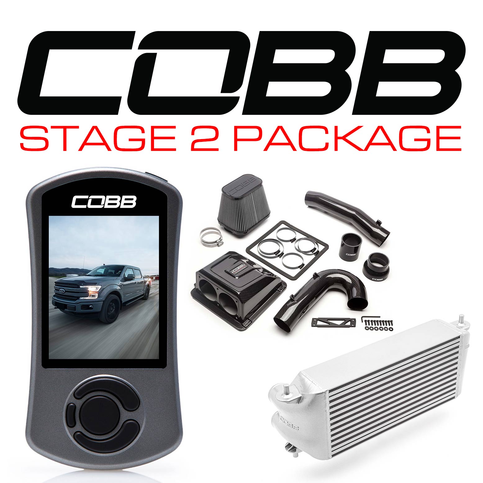 Cobb 17-19 Ford F-150 Ecoboost 3.5L Stage 2 Redline CF Power Package - Silver (Factory Loc. I/C) (FOR0060S20SL-RED)