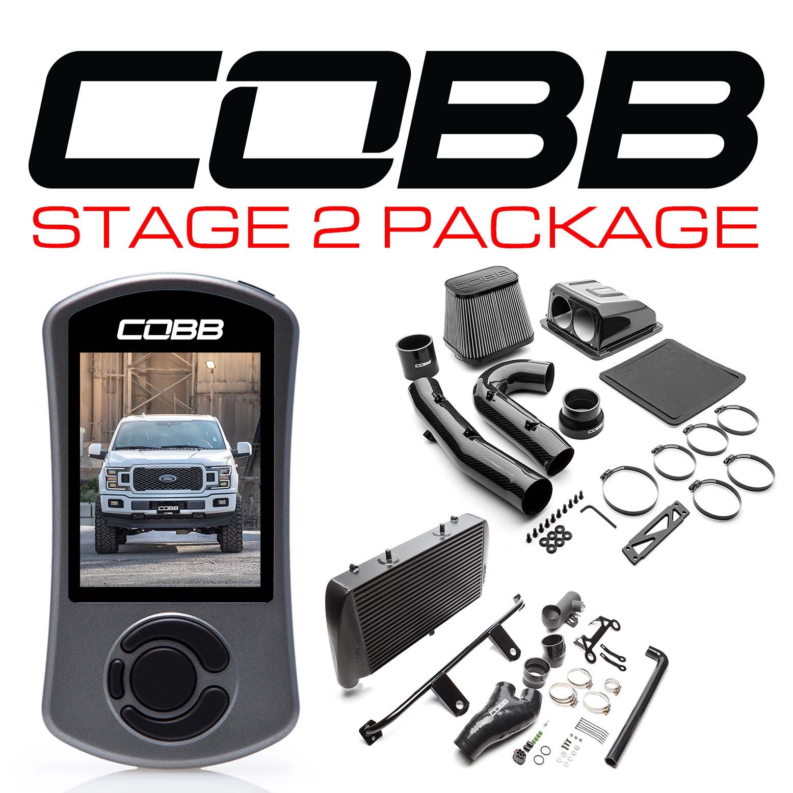 Cobb 18-20 Ford F-150 2.7L Stage 2 Redline CF Power Package - Black (FOR0080020BK-RED)