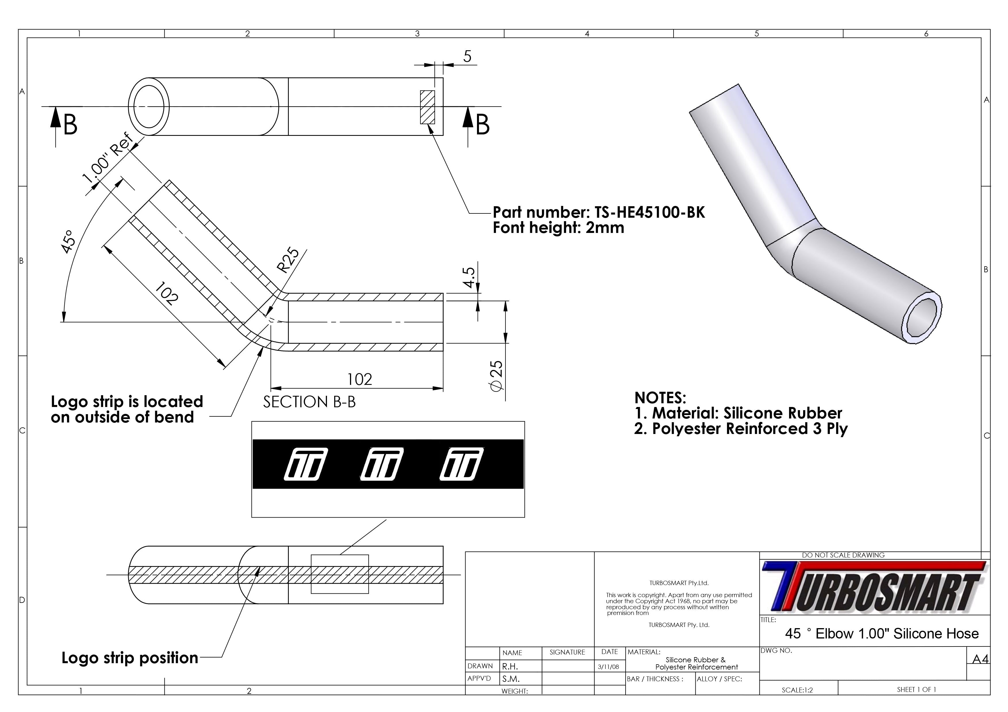 Turbosmart 45 Elbow 1.00 - Black Silicone Hose