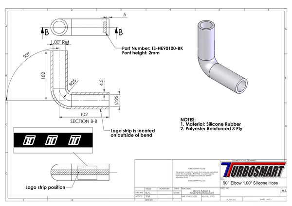 Turbosmart 90 Elbow 1.00 - Black Silicone Hose (TS-HE90100-BK)