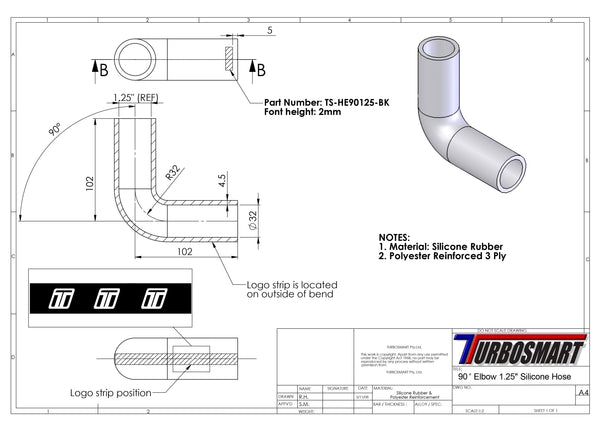 Turbosmart 90 Elbow 1.25 - Black Silicone Hose (TS-HE90125-BK)