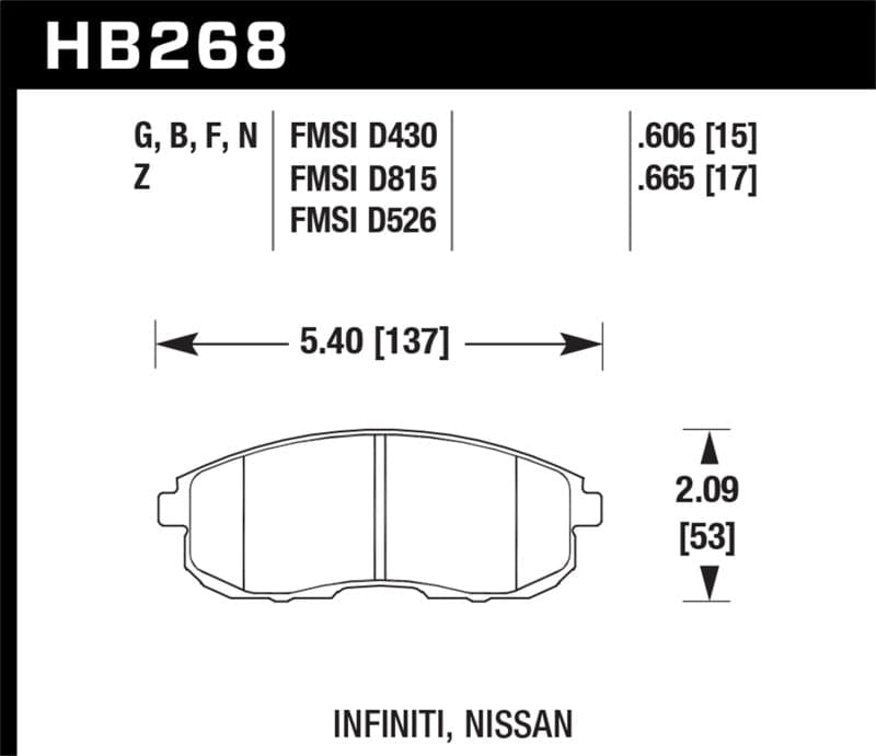 Hawk 03-04 G35/03-05 G35X/ 02-05 350z w/o Brembo Performance Ceramic Street Front Brake Pads (HB268Z.665)