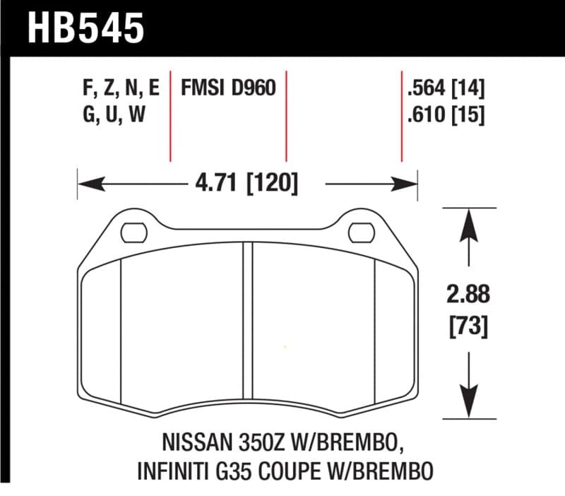 Hawk 03-07 G35/ 03-09 350z/03-06 Sentra w/ Brembo Blue 9012 Street Front Brake Pads (HB545E.564)