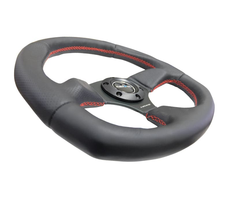 NRG Flat Bottom Leather Steering Wheel w. Red Stitch